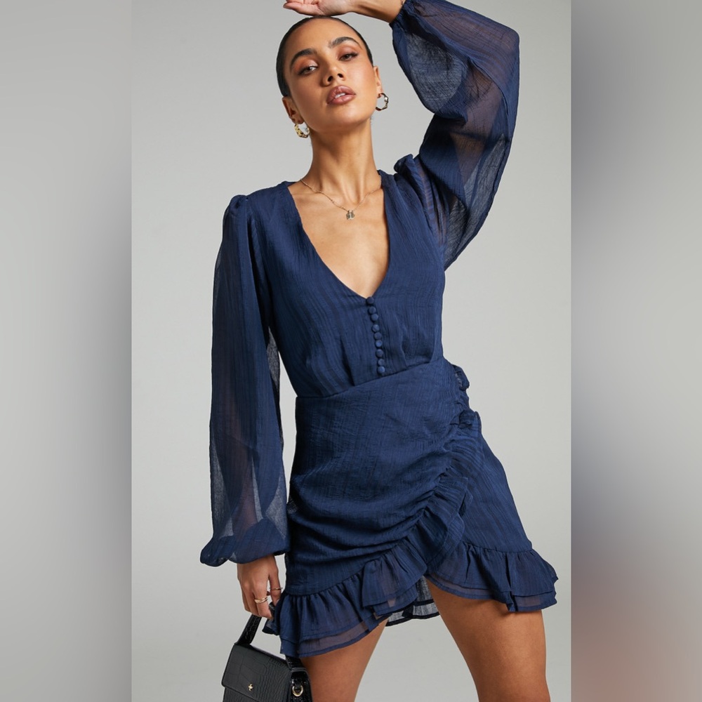 SHOWPO AMORETTA TEXTURED CHIFFON MINI DRESS WITH FRILLS IN NAVY